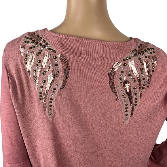 Miss Me Embellished Studded Knit Sweater Long Flare Sleeve Pink‎ Size M Boho Y2K - Picture 6 of 8